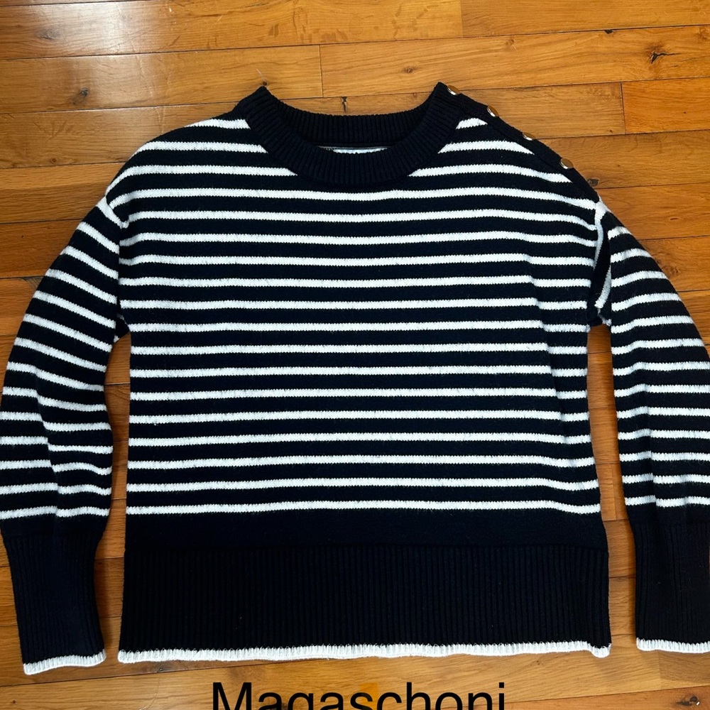 Magaschoni Navy and White Striped Button-Shoulder Crewneck Sweater